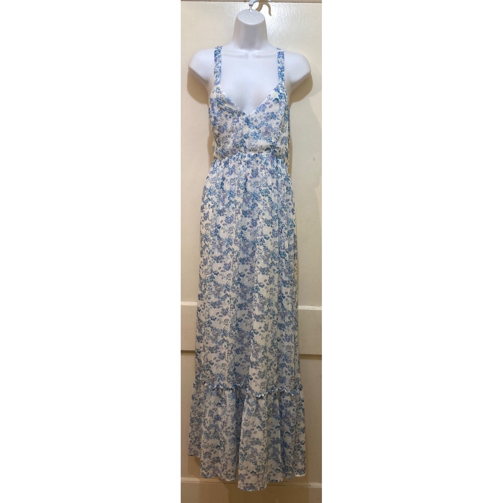 Lulus Maxi Dress Chiffon M Blue Floral Swiss Dot Crisscross Back Boho Romantic